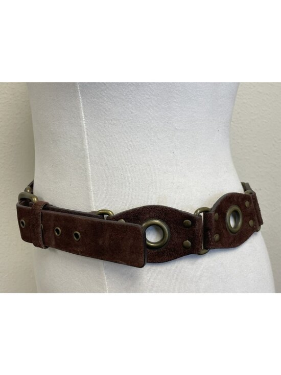 Saks Fifth Avenue Brown Genuine Leather Solid Brass Groomet Studded Belt Size L main image 7